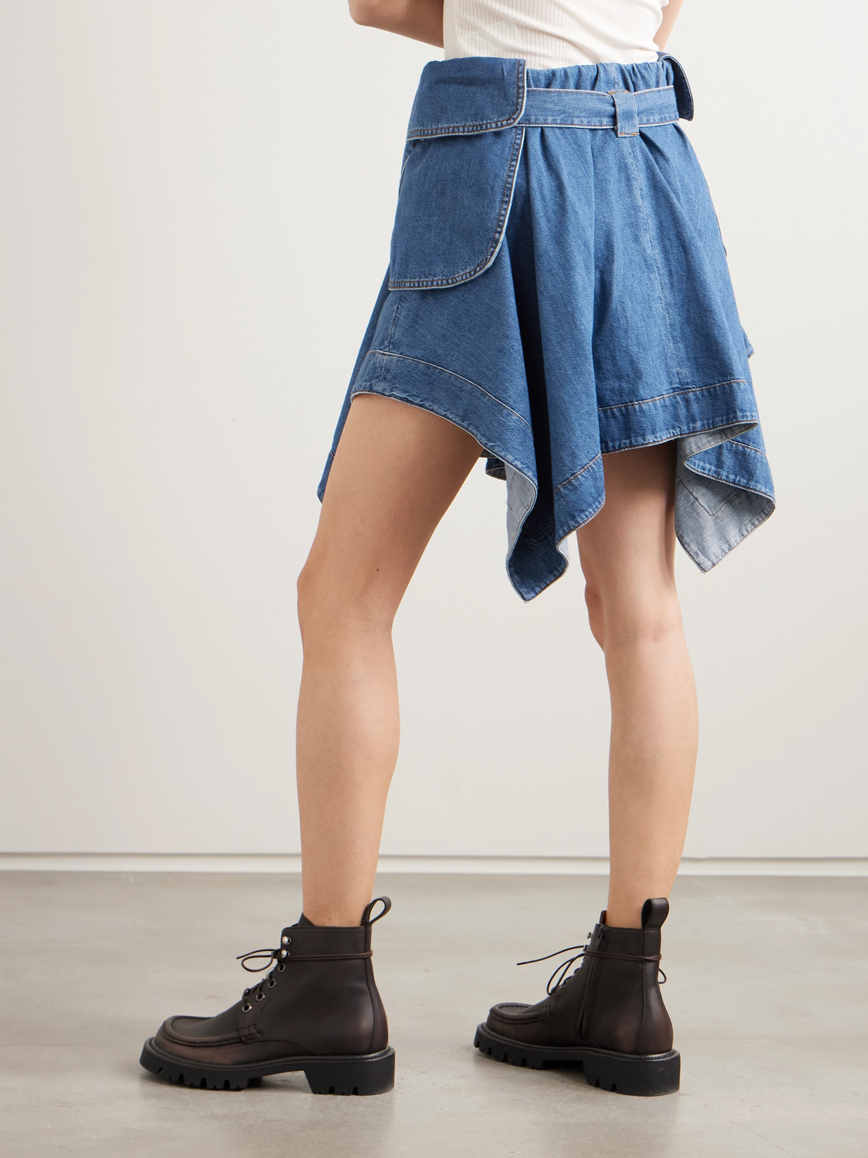 Belted Asymmetric Draped Embroidered Denim Mini
