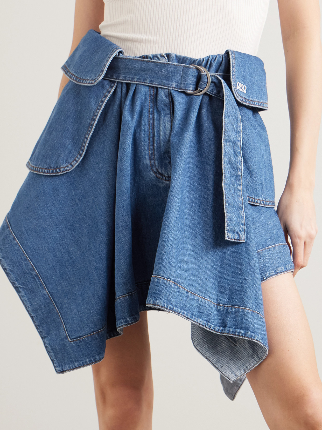 Belted Asymmetric Draped Embroidered Denim Mini