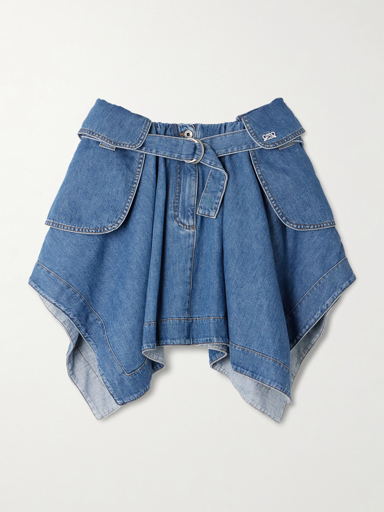 Loewe Belted Asymmetric Draped Embroidered Denim Mini Skirt In Blue