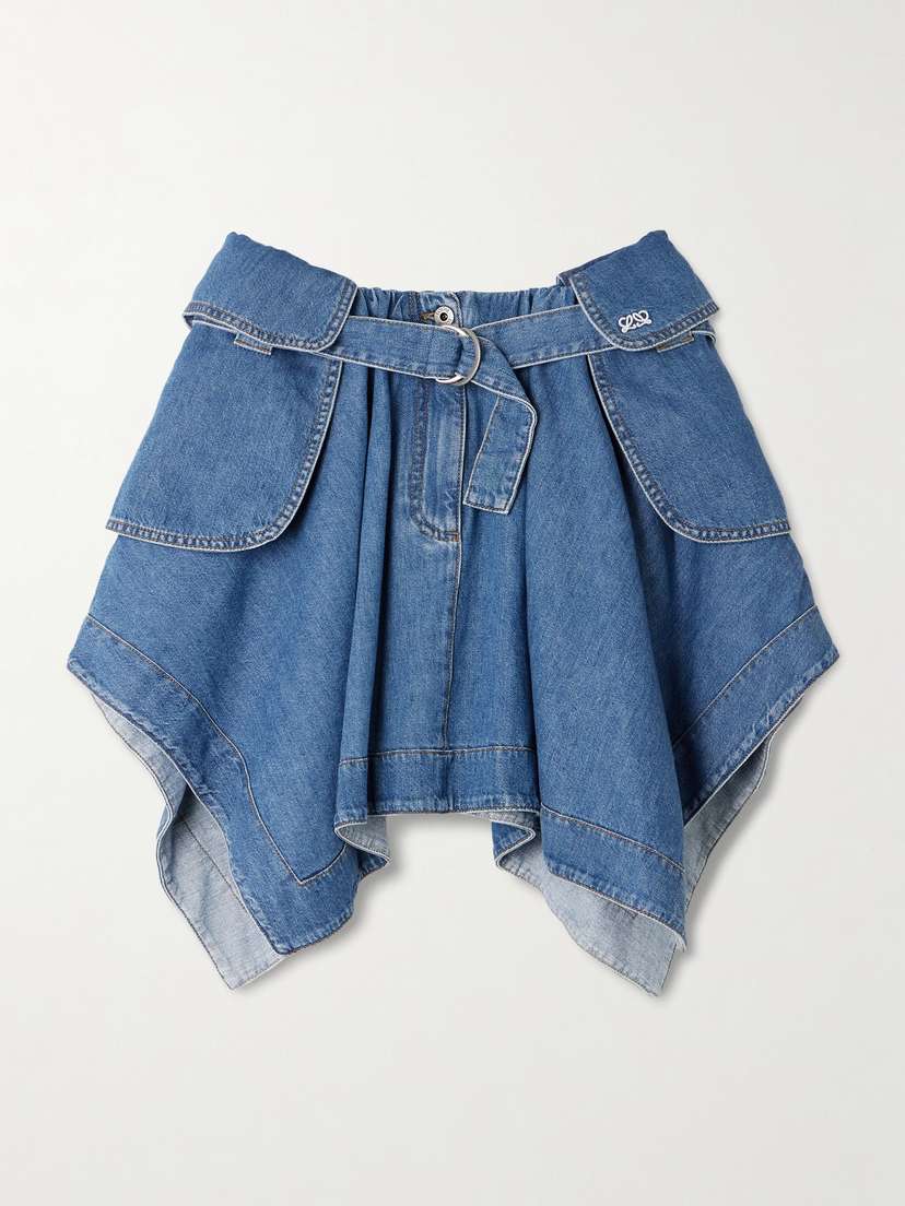 Loewe — Belted asymmetric draped embroidered denim mini skirt