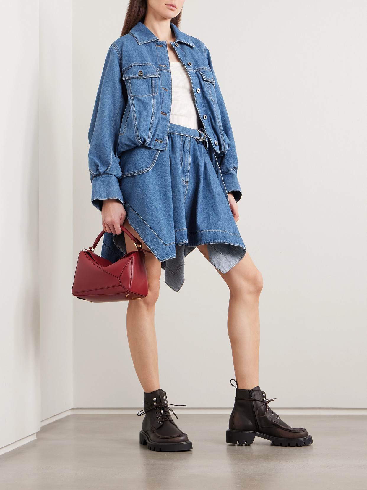Belted Asymmetric Draped Embroidered Denim Mini