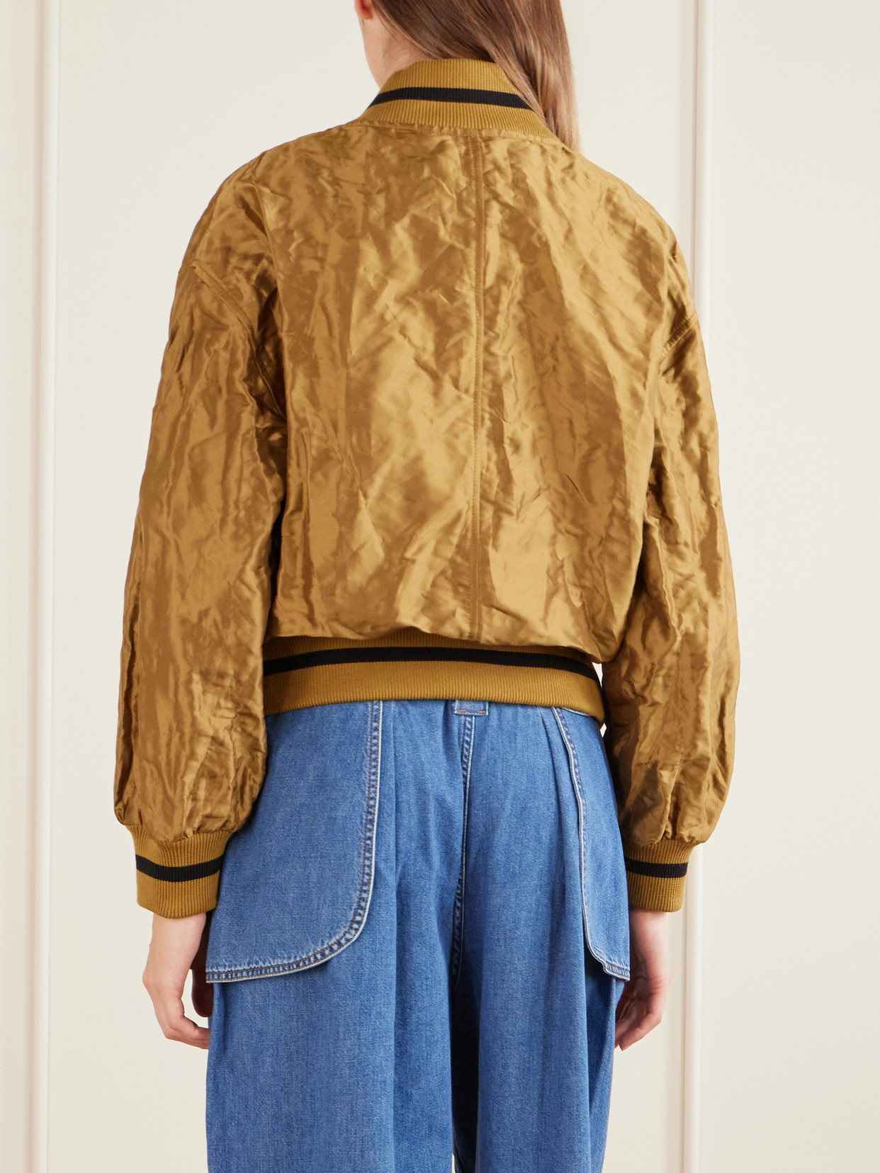 Loewe Womens Toffee Crinkled-texture Striped-trim Woven Bomber Jacket In Gold