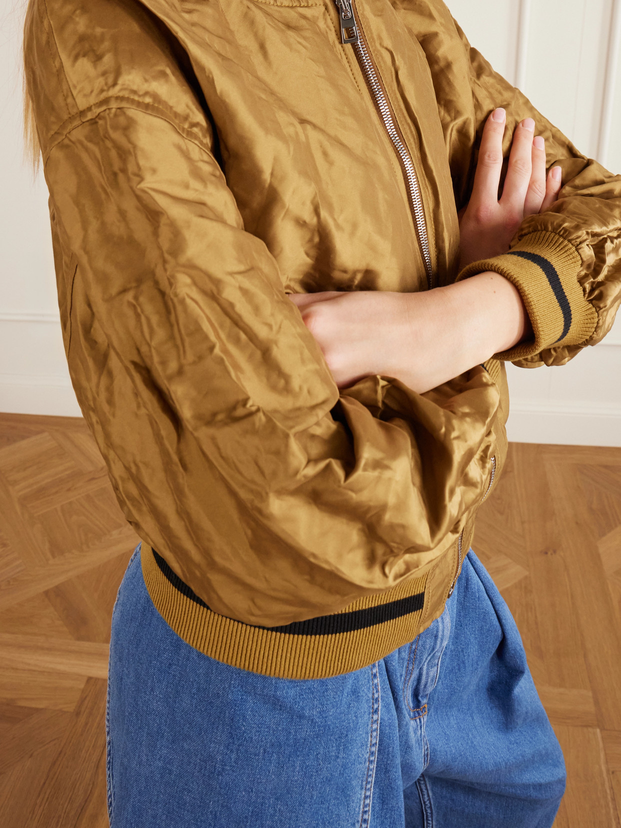 Loewe Womens Toffee Crinkled-texture Striped-trim Woven Bomber Jacket In Gold