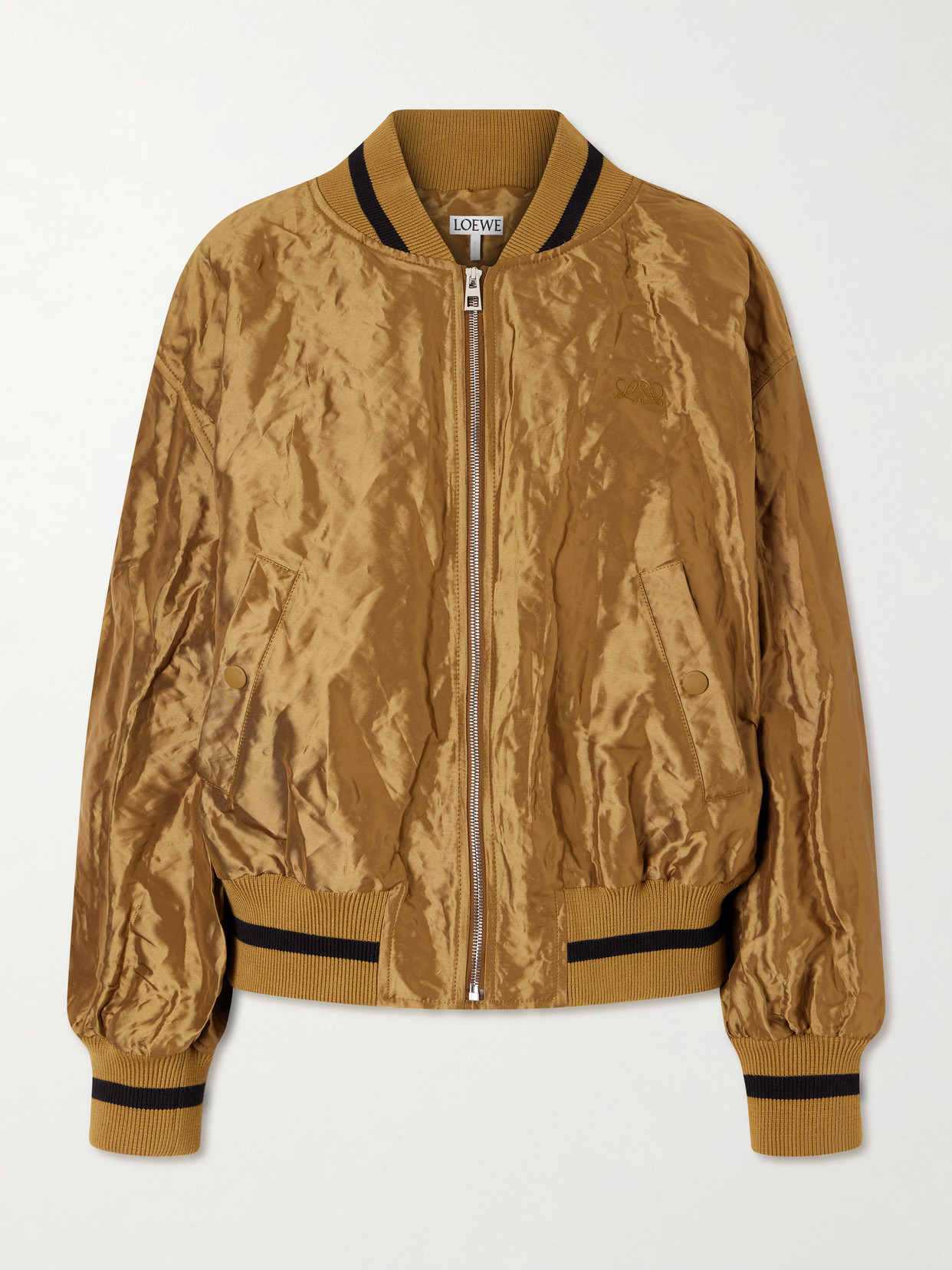 Loewe Womens Toffee Crinkled-texture Striped-trim Woven Bomber Jacket In Gold