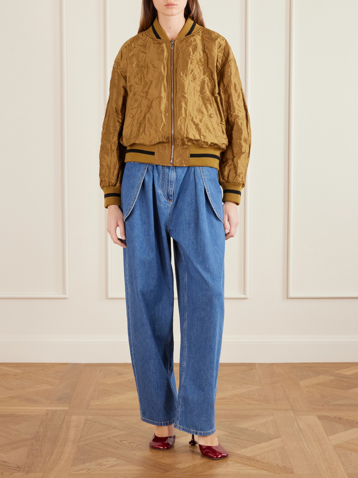 Loewe Womens Toffee Crinkled-texture Striped-trim Woven Bomber Jacket In Gold