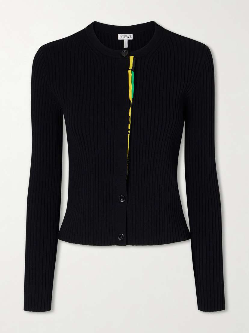 Satin-trimmed Ribbed-knit Cardigan