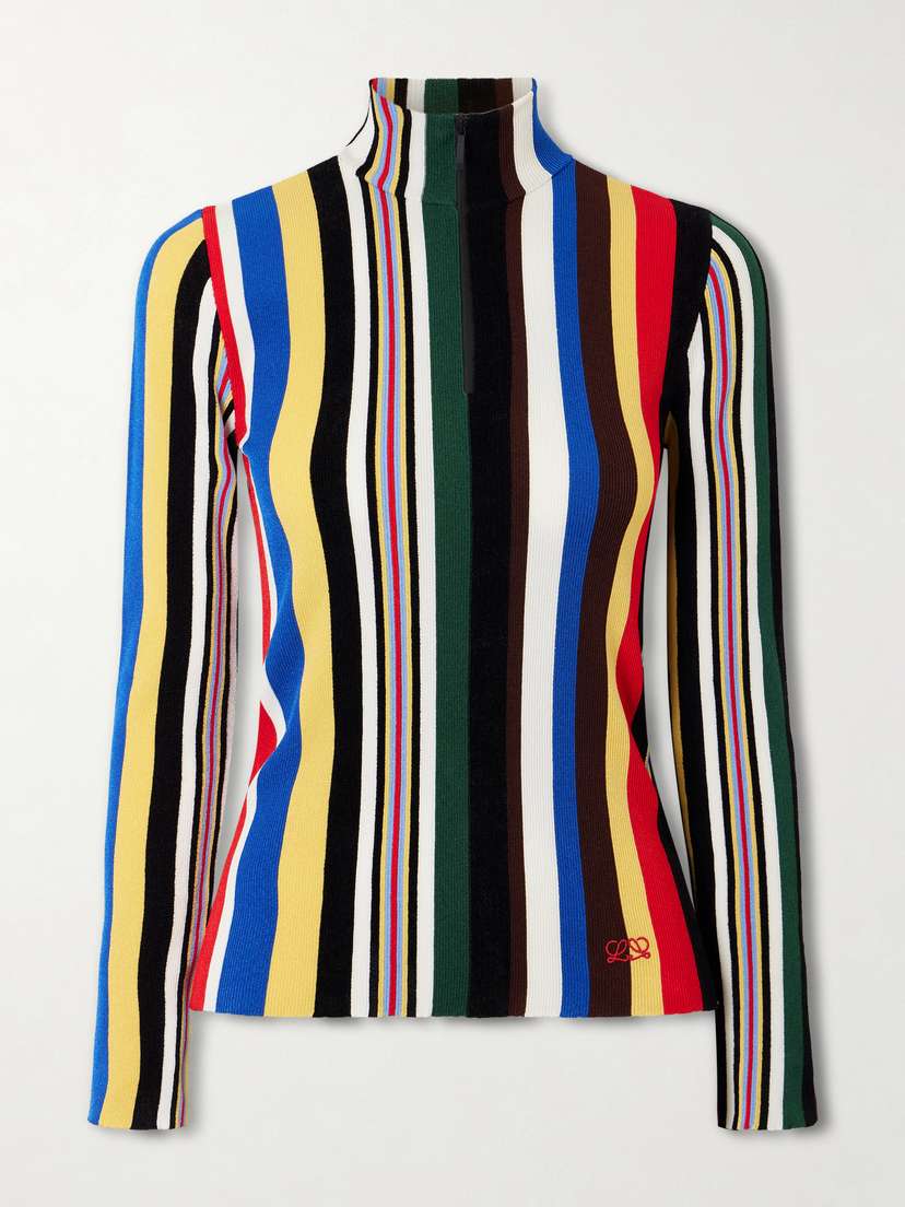 Loewe Striped Ribbed-knit Half-zip Turtleneck Top