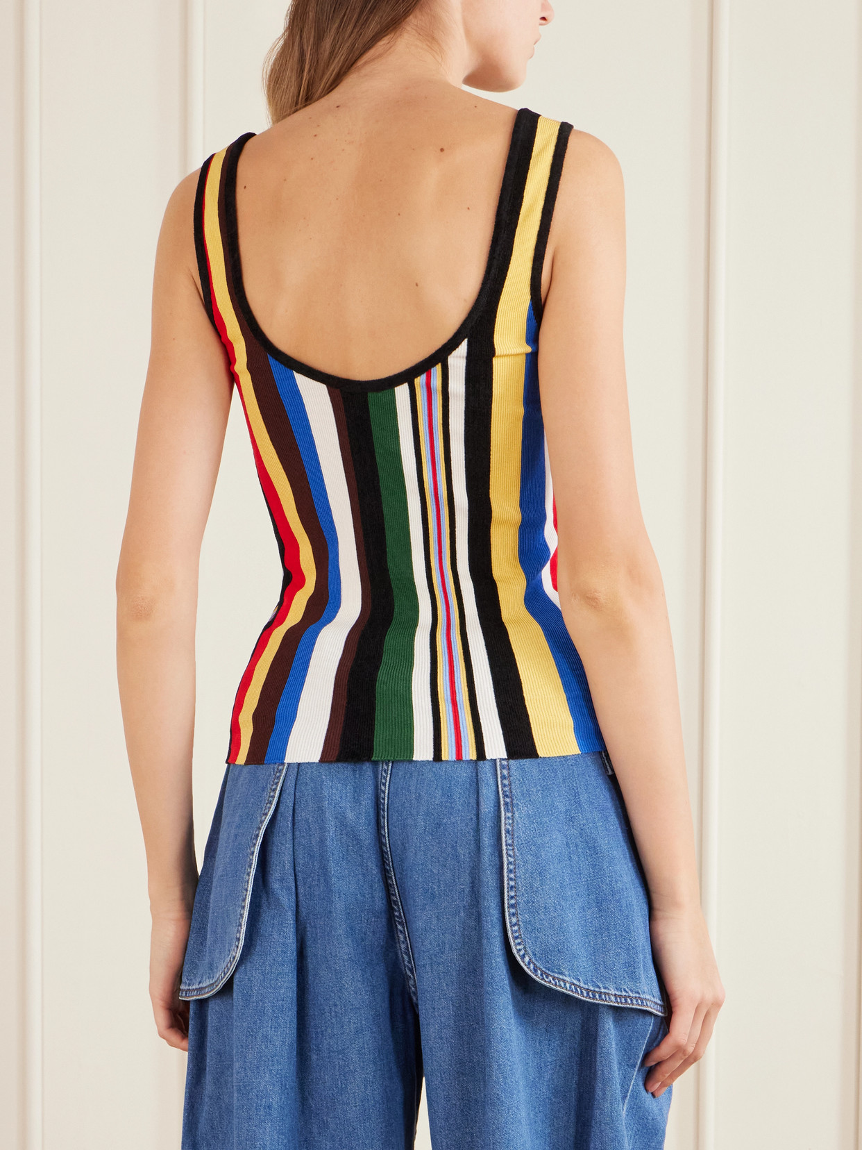 Embroidered Striped Ribbed-Knit Tank