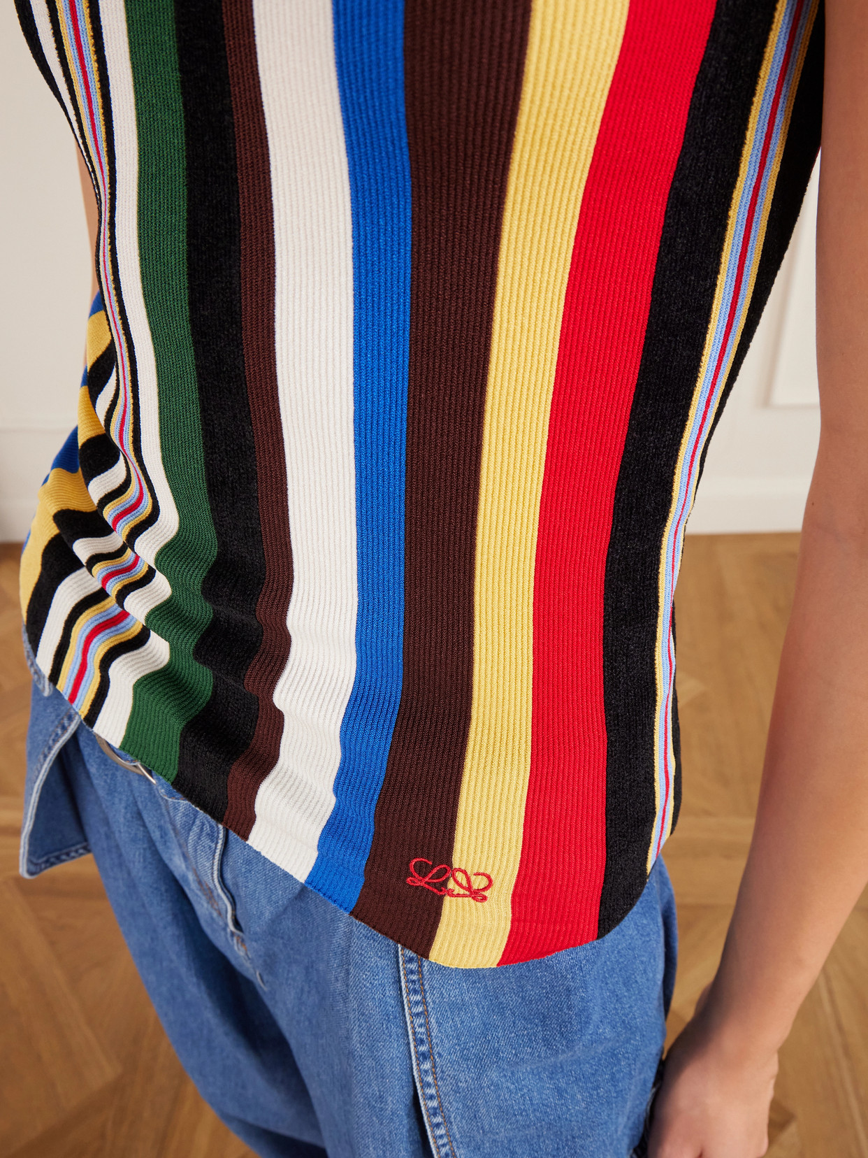 Embroidered Striped Ribbed-Knit Tank