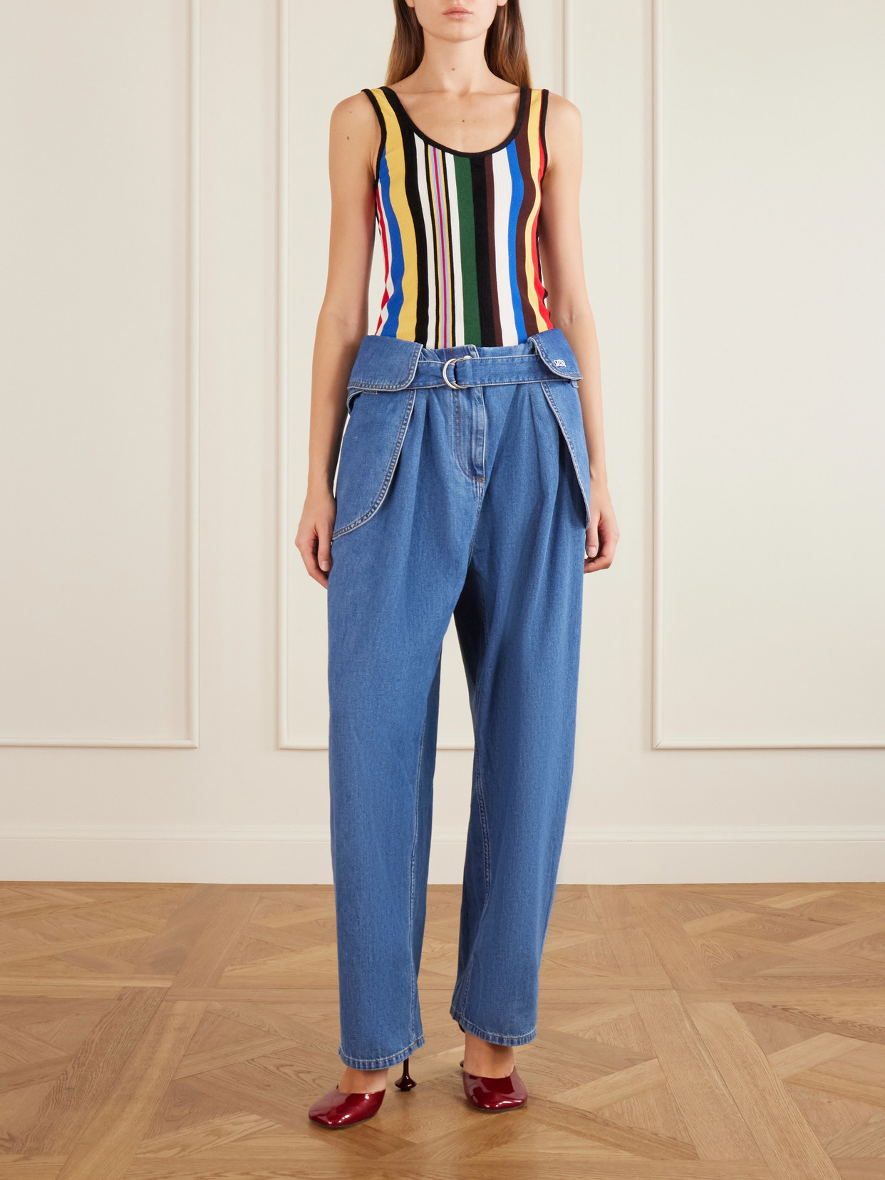 Embroidered Striped Ribbed-Knit Tank