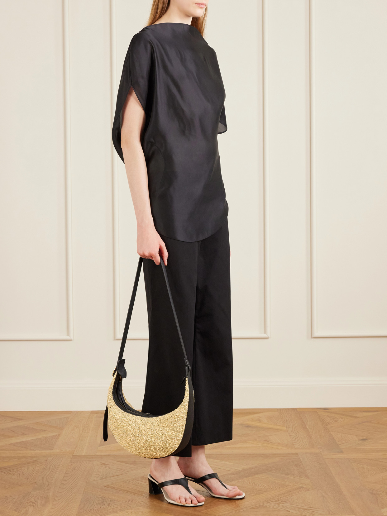 Augustina Small Leather-Trimmed Raffia Shoulder Bag