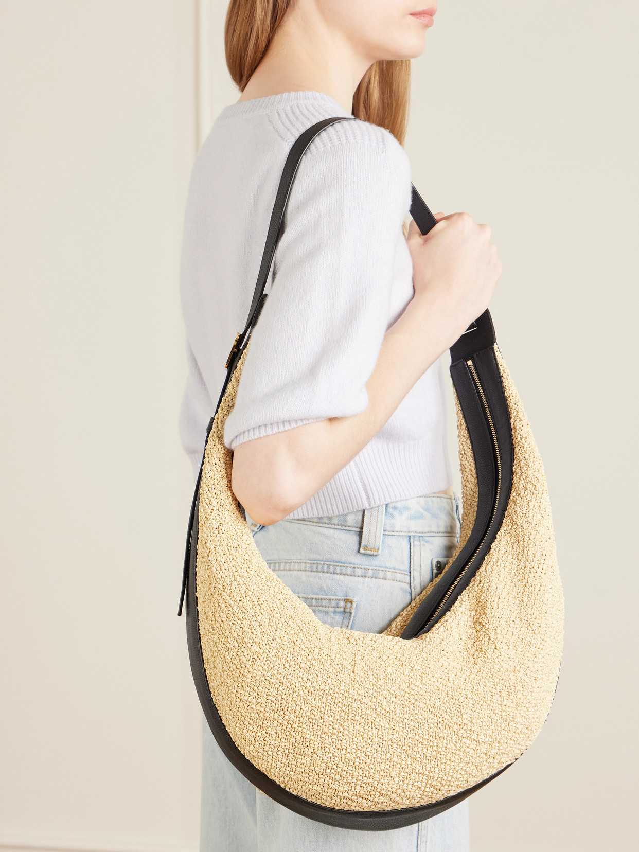 Augustina Leather-Trimmed Raffia Shoulder Bag