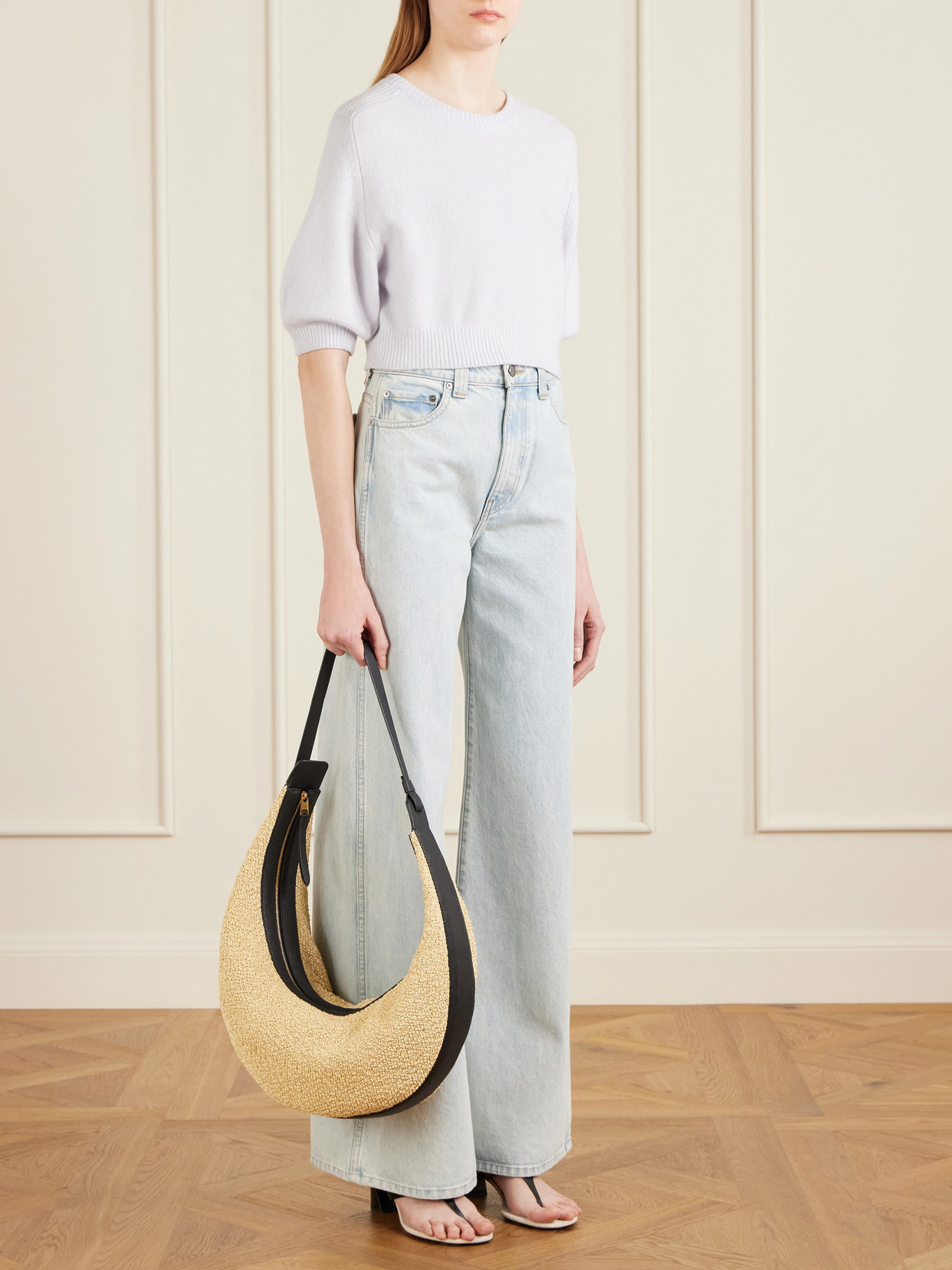 Augustina Leather-Trimmed Raffia Shoulder Bag
