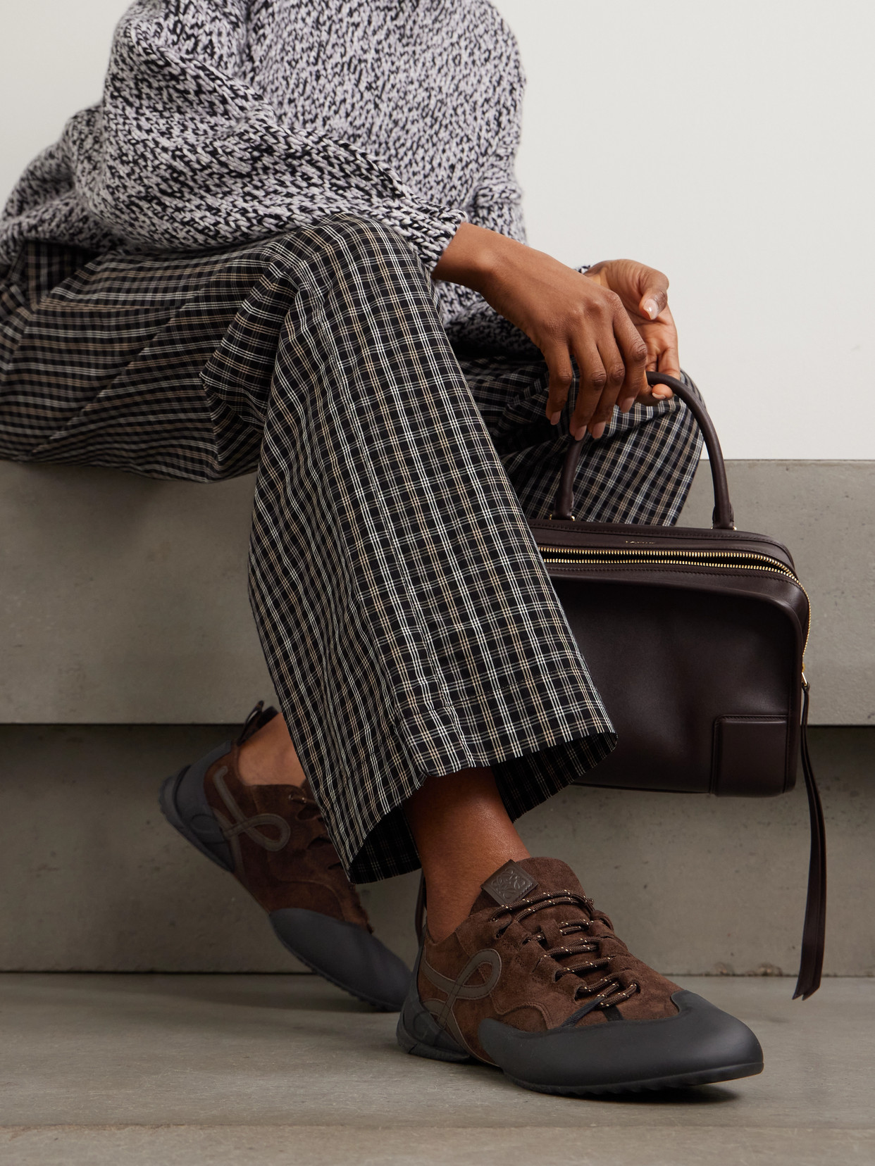 Loewe Grip Panelled Suede Sneakers In Brown