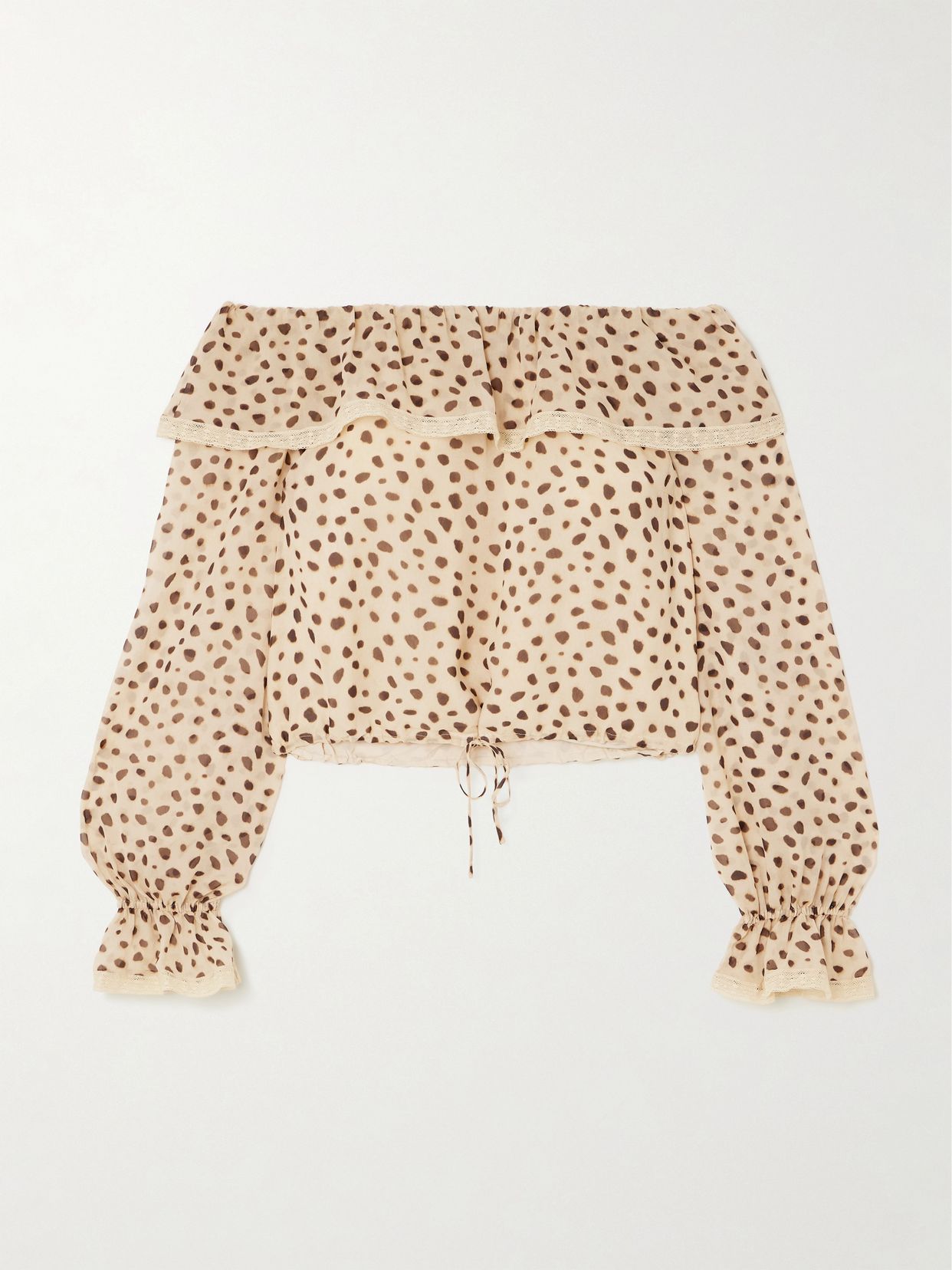 priscilla off the shoulder lace trimmed cheetah print silk georgette blouse