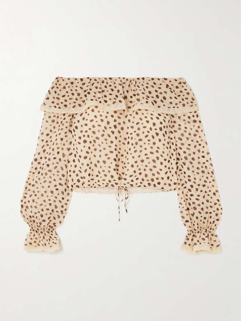 Posse Priscilla Off-the-shoulder Lace-trimmed Cheetah-print Silk-georgette Blouse