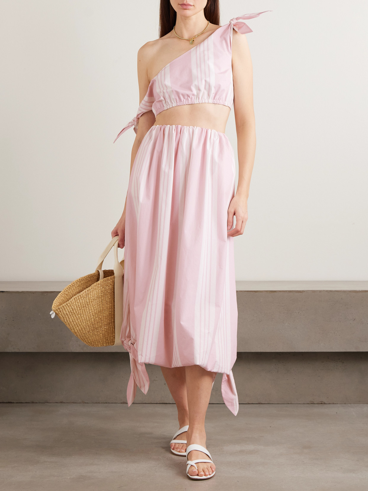 Rosie Cropped One-Shoulder Tie-Detailed Striped Cotton Top