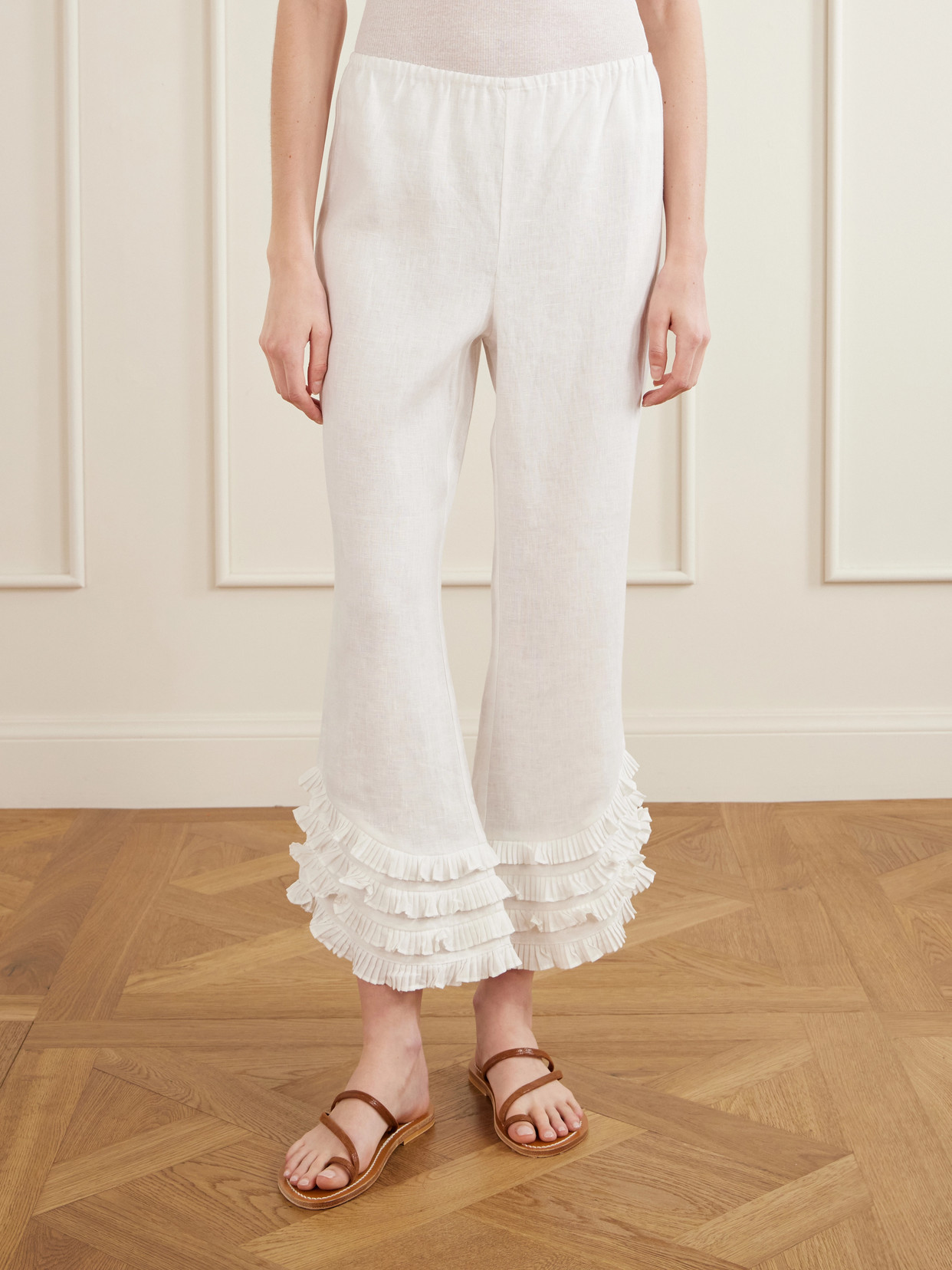 Posse Florence Ruffle Detail Crop Linen Pants In White