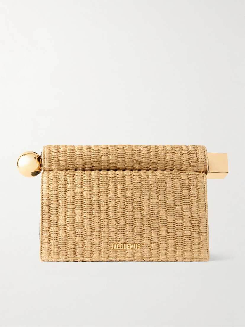 La Plage Leather-trimmed Raffia-effect Clutch