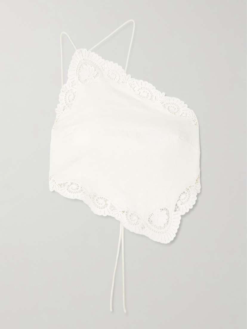 Posse Darya One-shoulder Lace-trimmed Linen And Cotton-blend Top