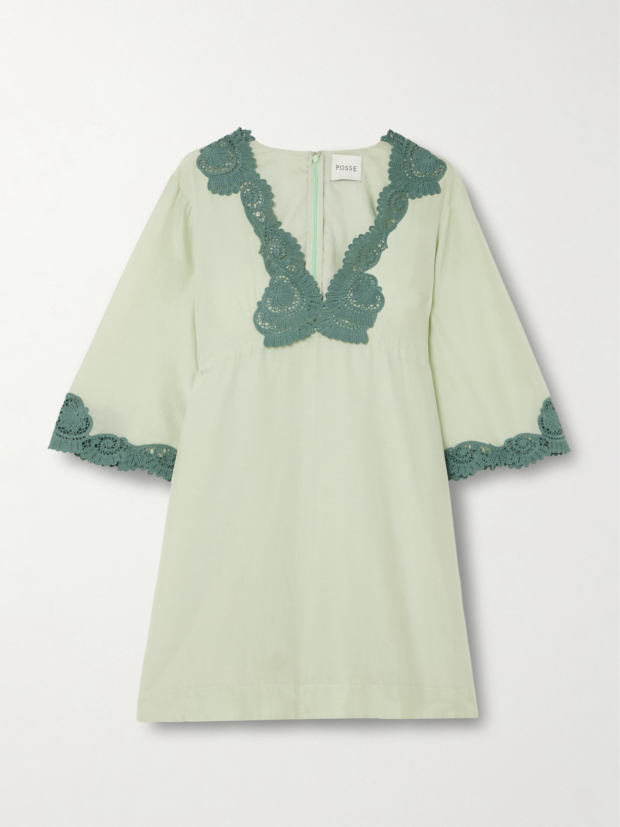 Posse Darya Lace-trimmed Cotton And Silk-blend Mini Dress In Green