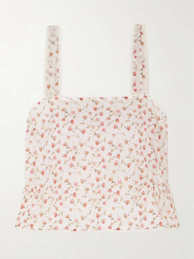Posse Charlotte Lace-trimmed Floral-print Cotton Top