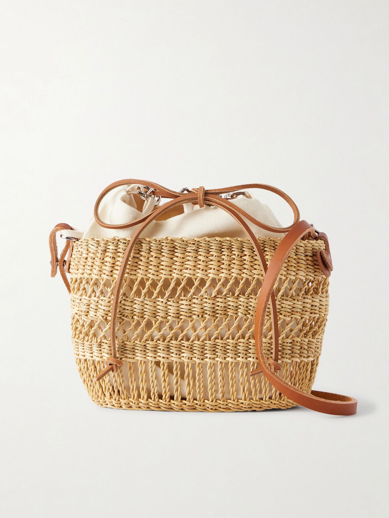 Minette leather-trimmed raffia shoulder bag