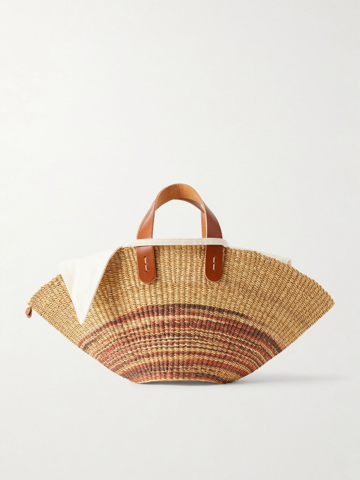 Pacha striped leather-trimmed raffia tote