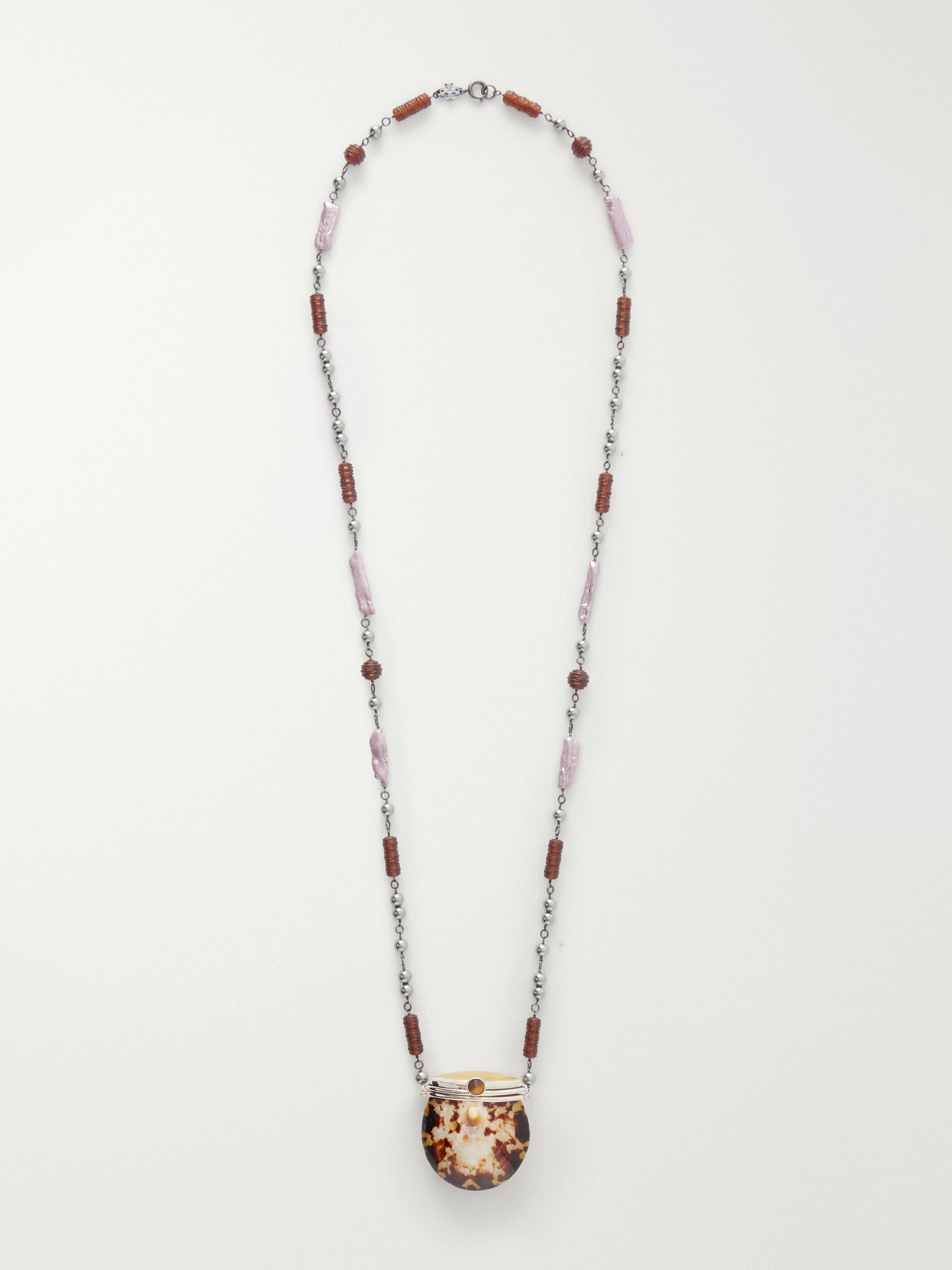 Tory Burch Shell Silver-tone Beaded Necklace In Brown