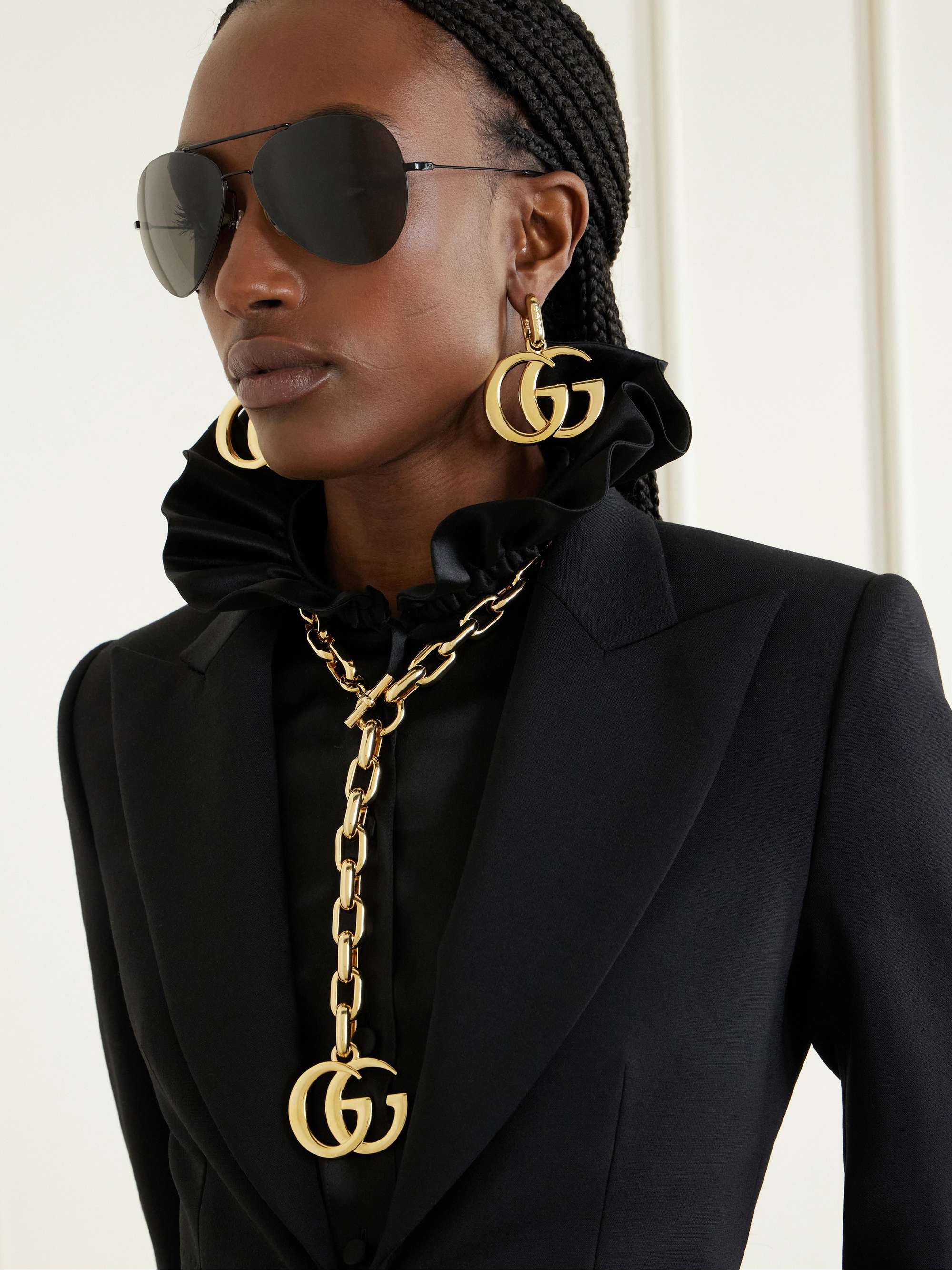 Gucci ゴールド/ブラック ダブルブリッジ アイウエア GUCCI EYEWEAR Pilot aviator-style metal sunglasses | NET-A-PORTER