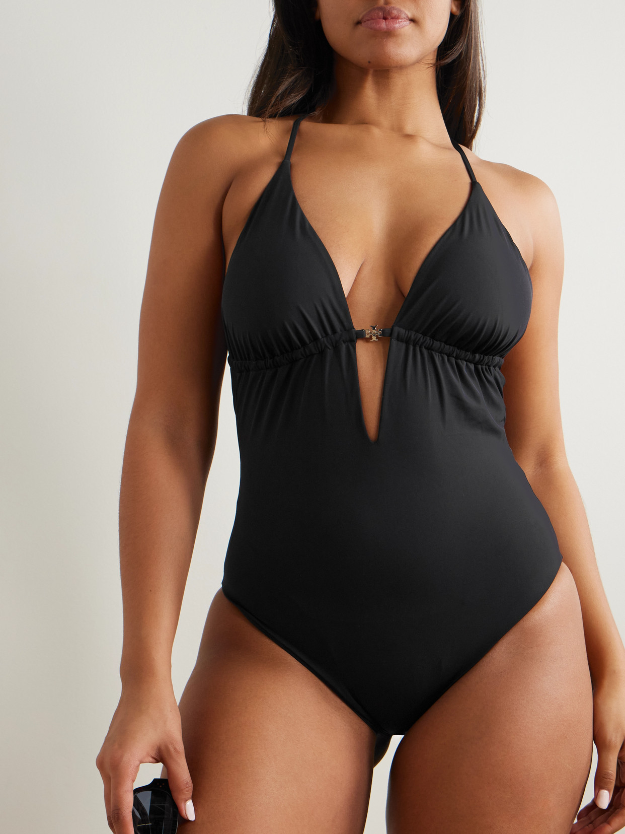 Tory Burch Halter Neck Plunge Swimsuit Ring Detail In Black