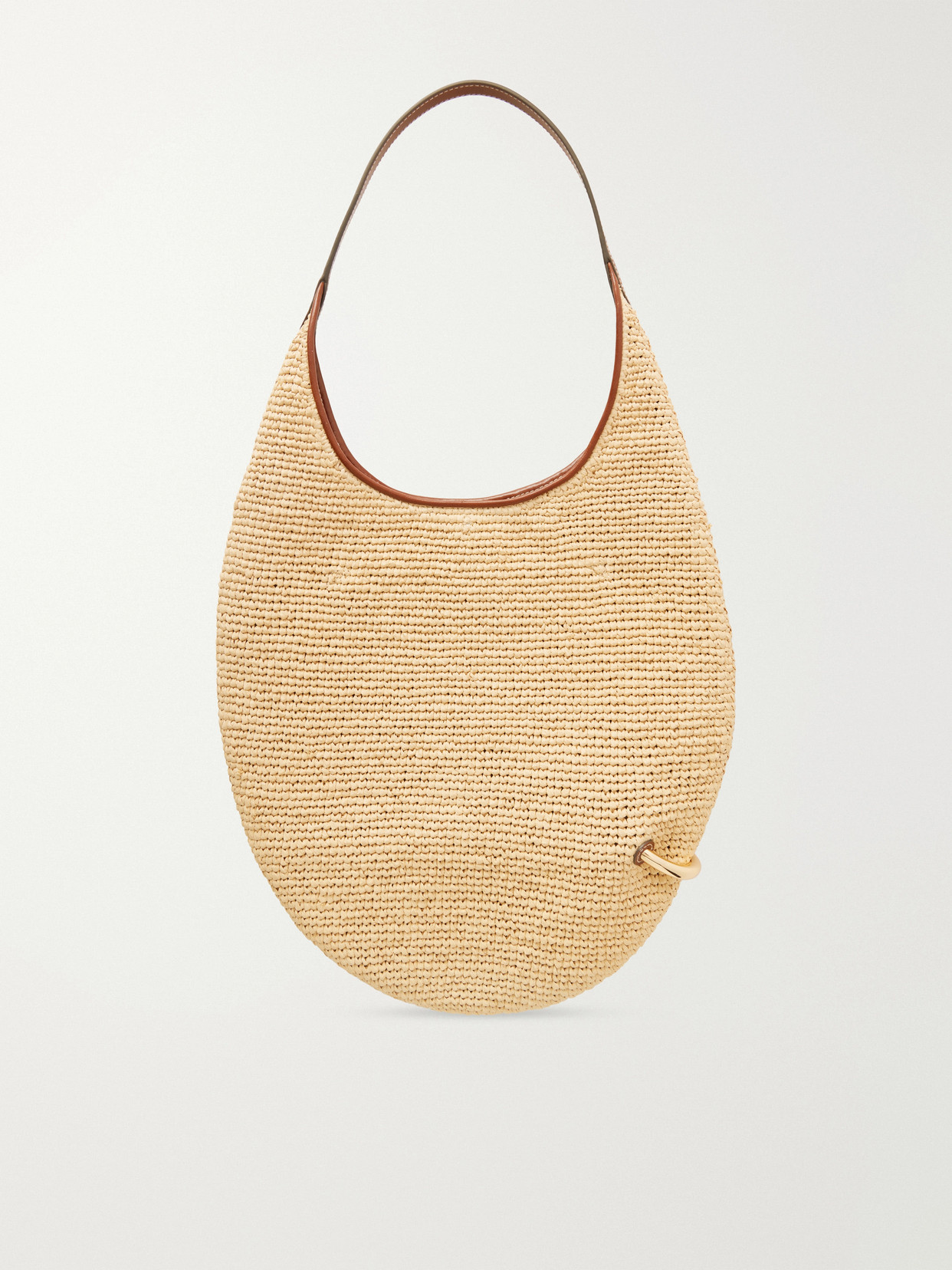 Pierced Embellished Leather-Trimmed Raffia Shoulder Strap