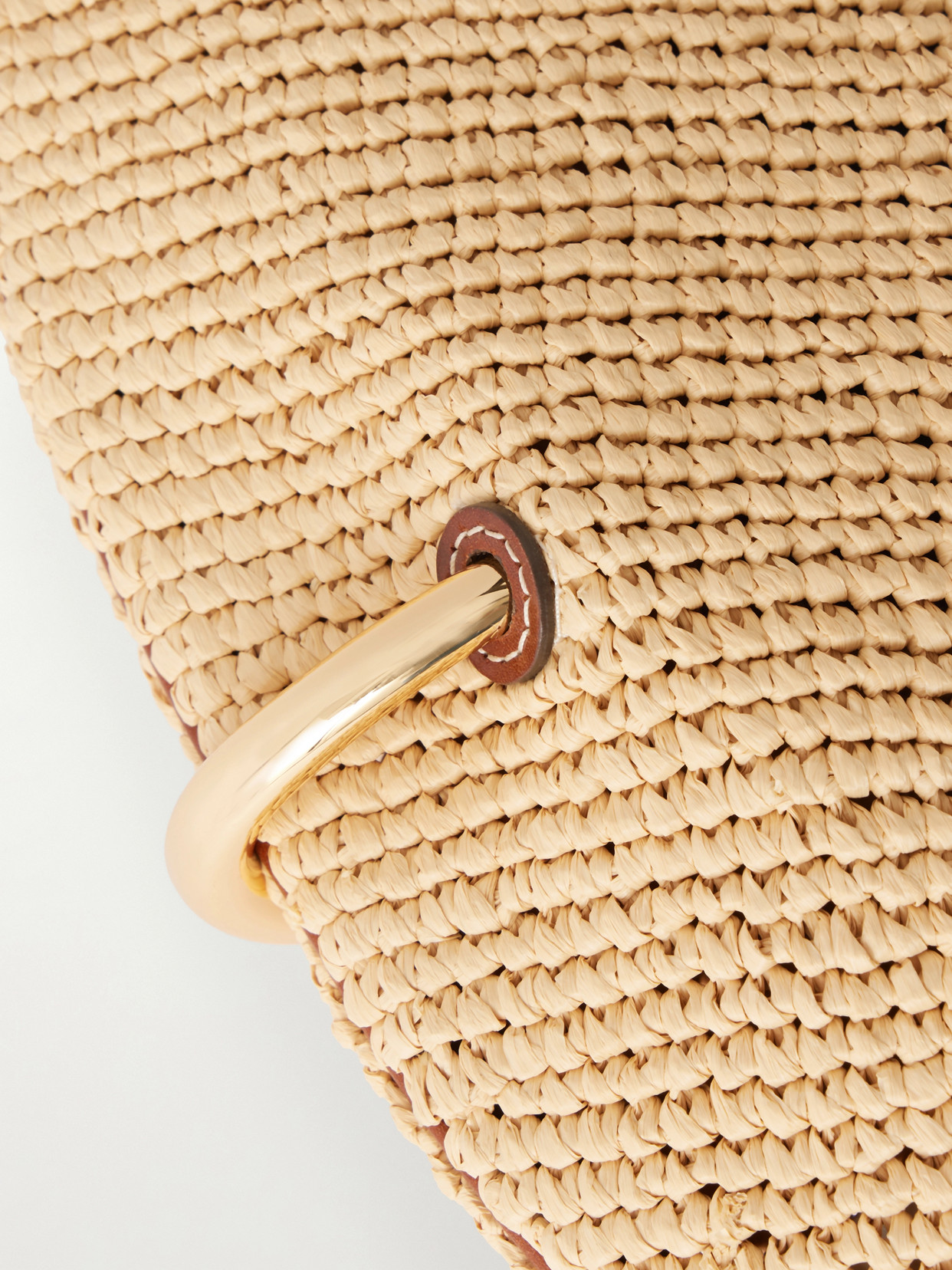 Pierced Embellished Leather-Trimmed Raffia Shoulder Strap