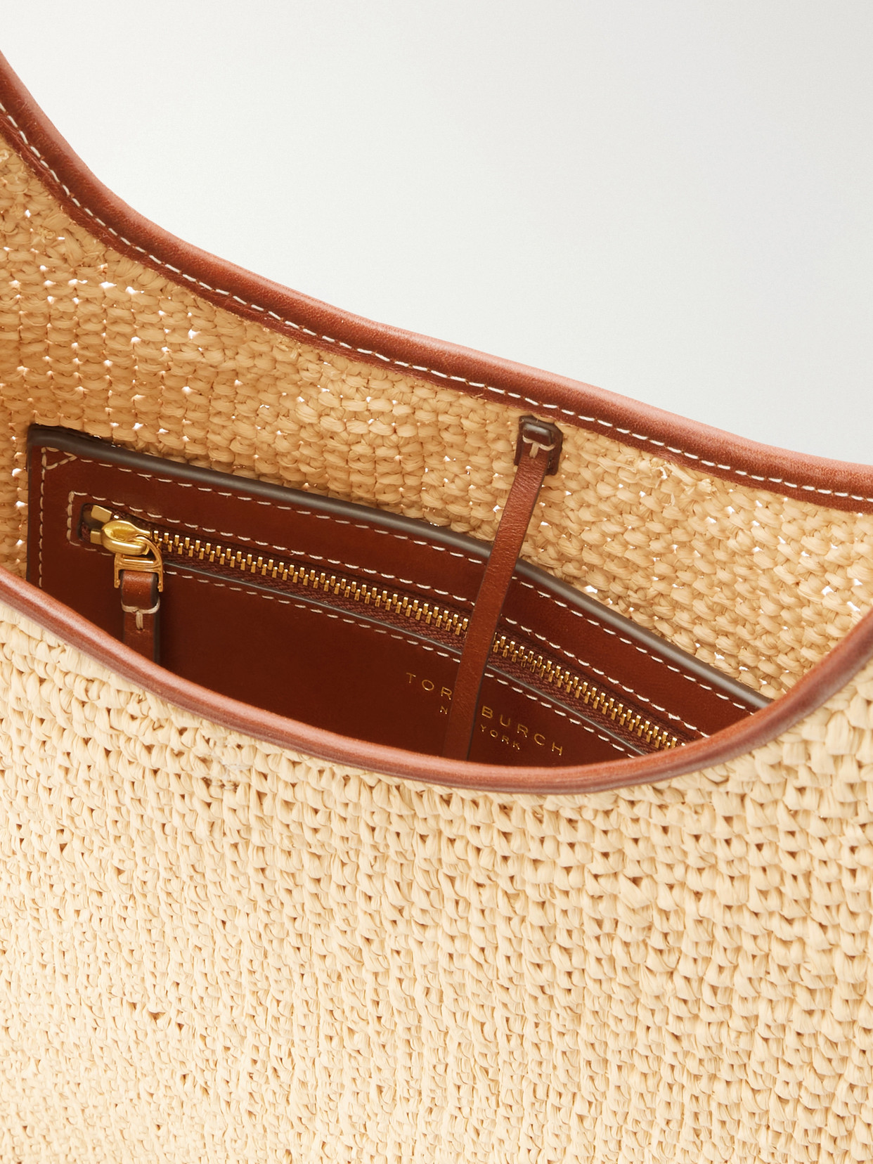 Pierced Embellished Leather-Trimmed Raffia Shoulder Strap