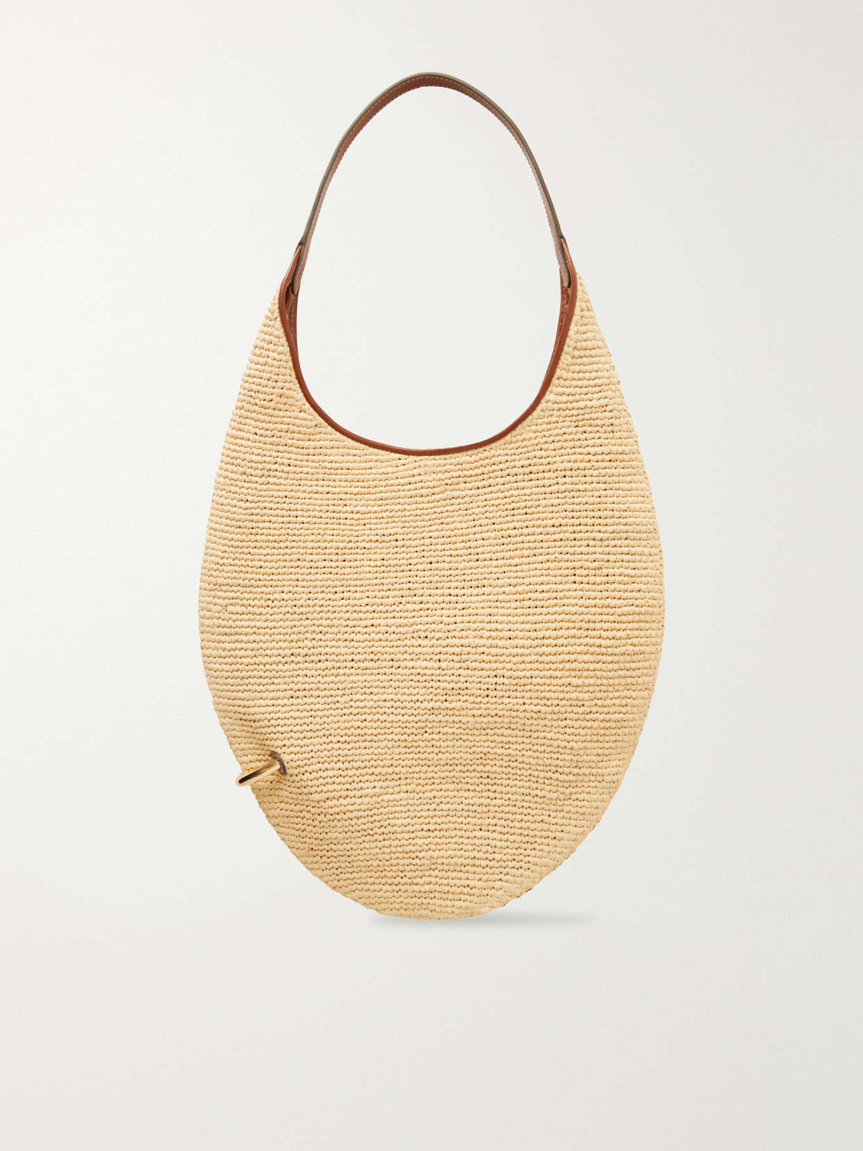 Pierced Embellished Leather-Trimmed Raffia Shoulder Strap