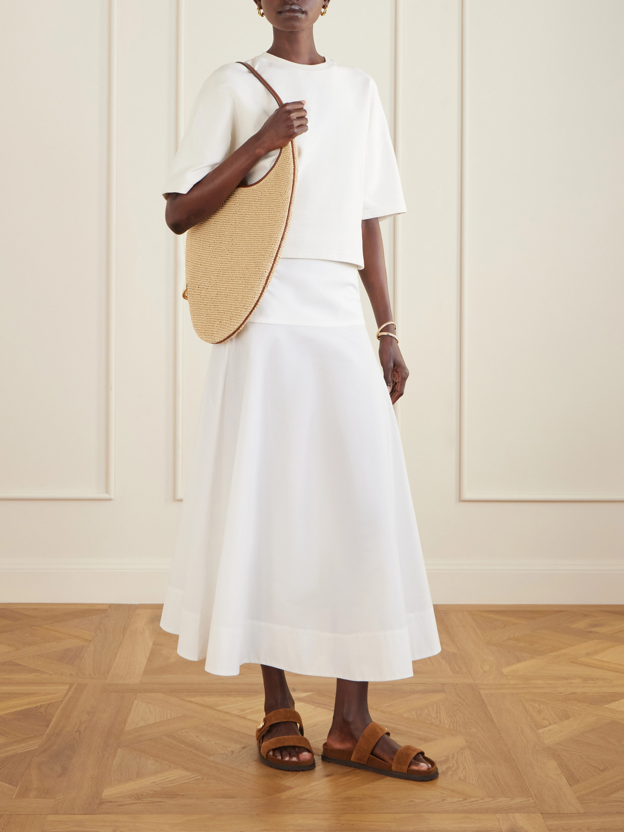 Pierced Embellished Leather-Trimmed Raffia Shoulder Strap