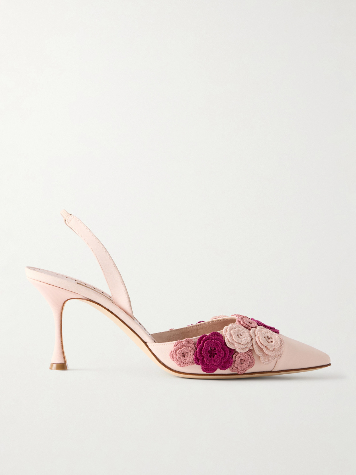 Manolo Blahnik Svemutasli 70 Embellished Crochet-trimmed Leather Pumps In Pink