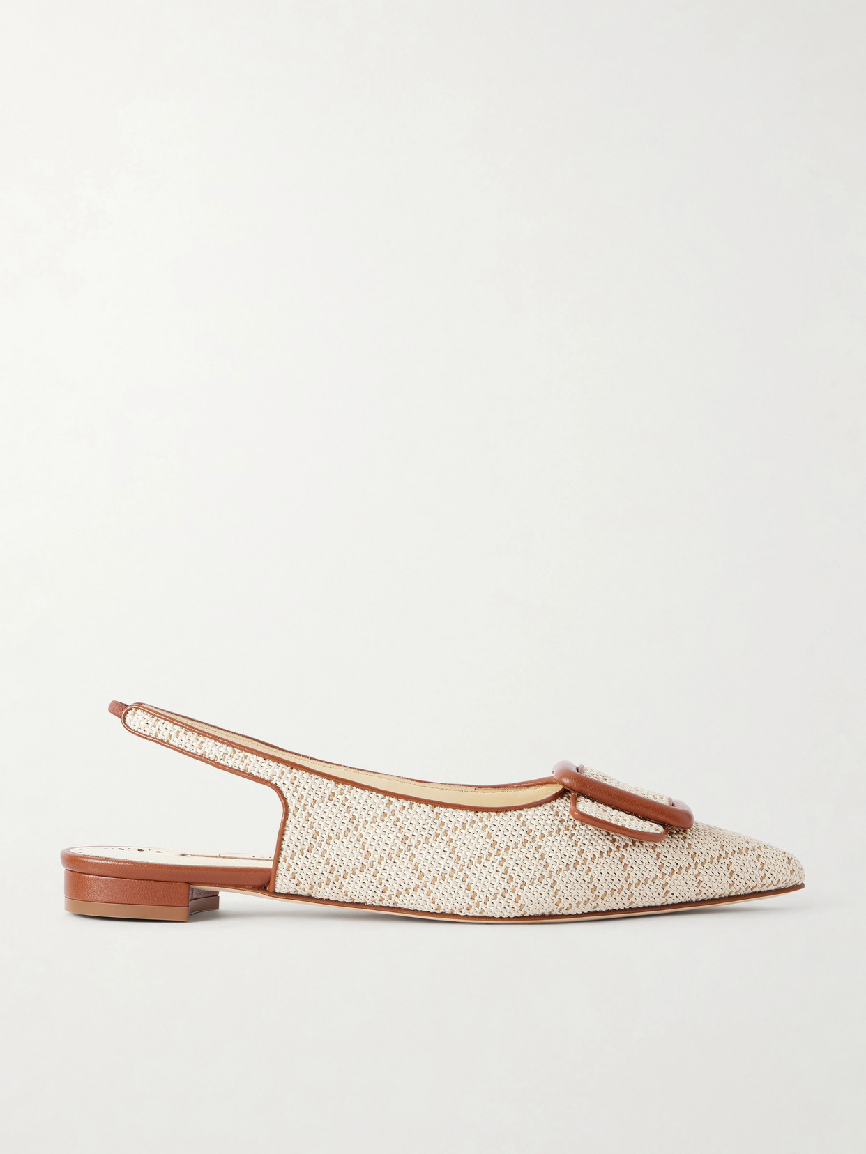 Manolo Blahnik Maylurabi Buckle-detailed Leather-trimmed Woven Slingback Pumps In Neutral