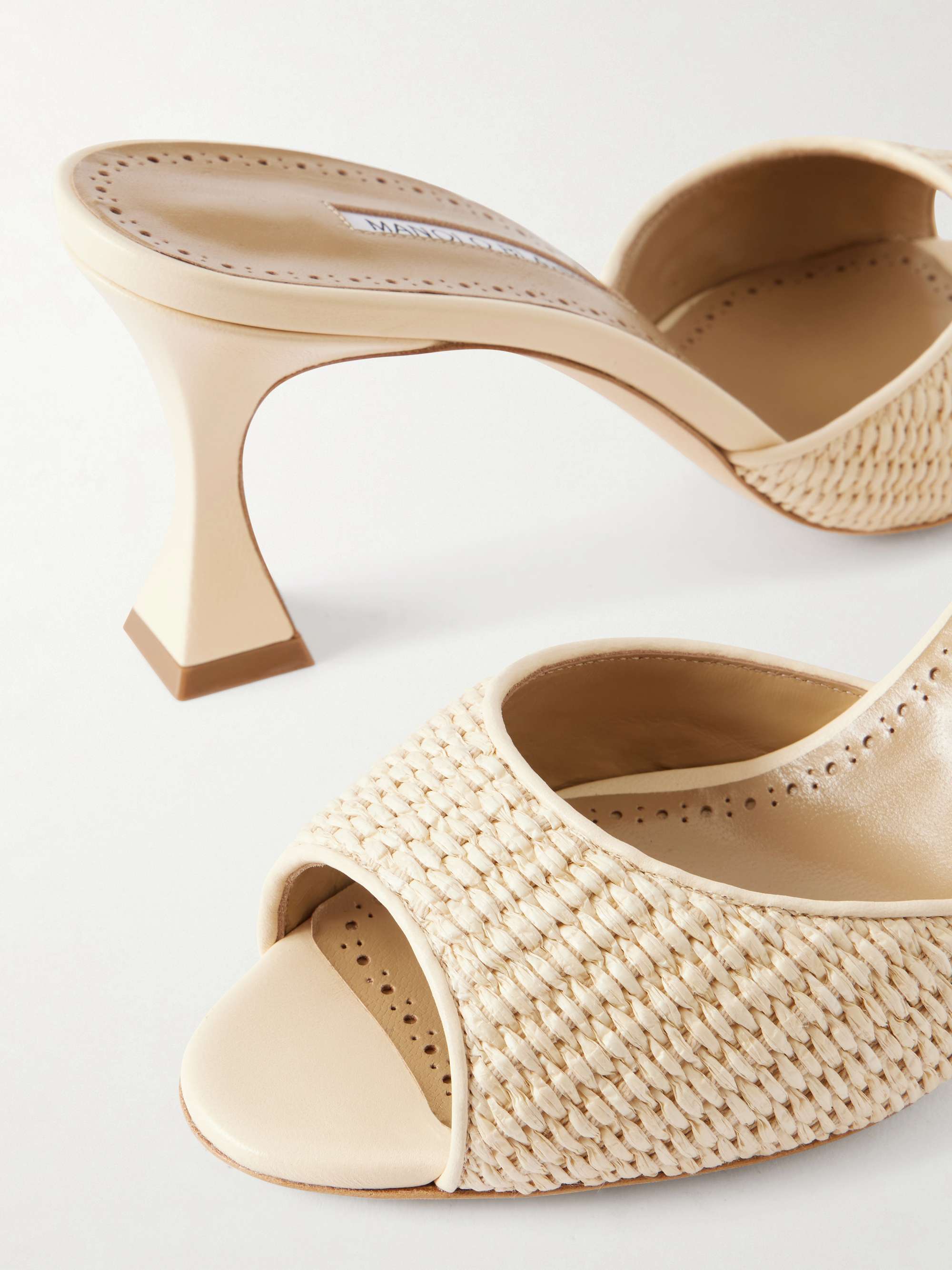MANOLO BLAHNIK Jadara 70 leather-trimmed raffia mules | NET-A-PORTER