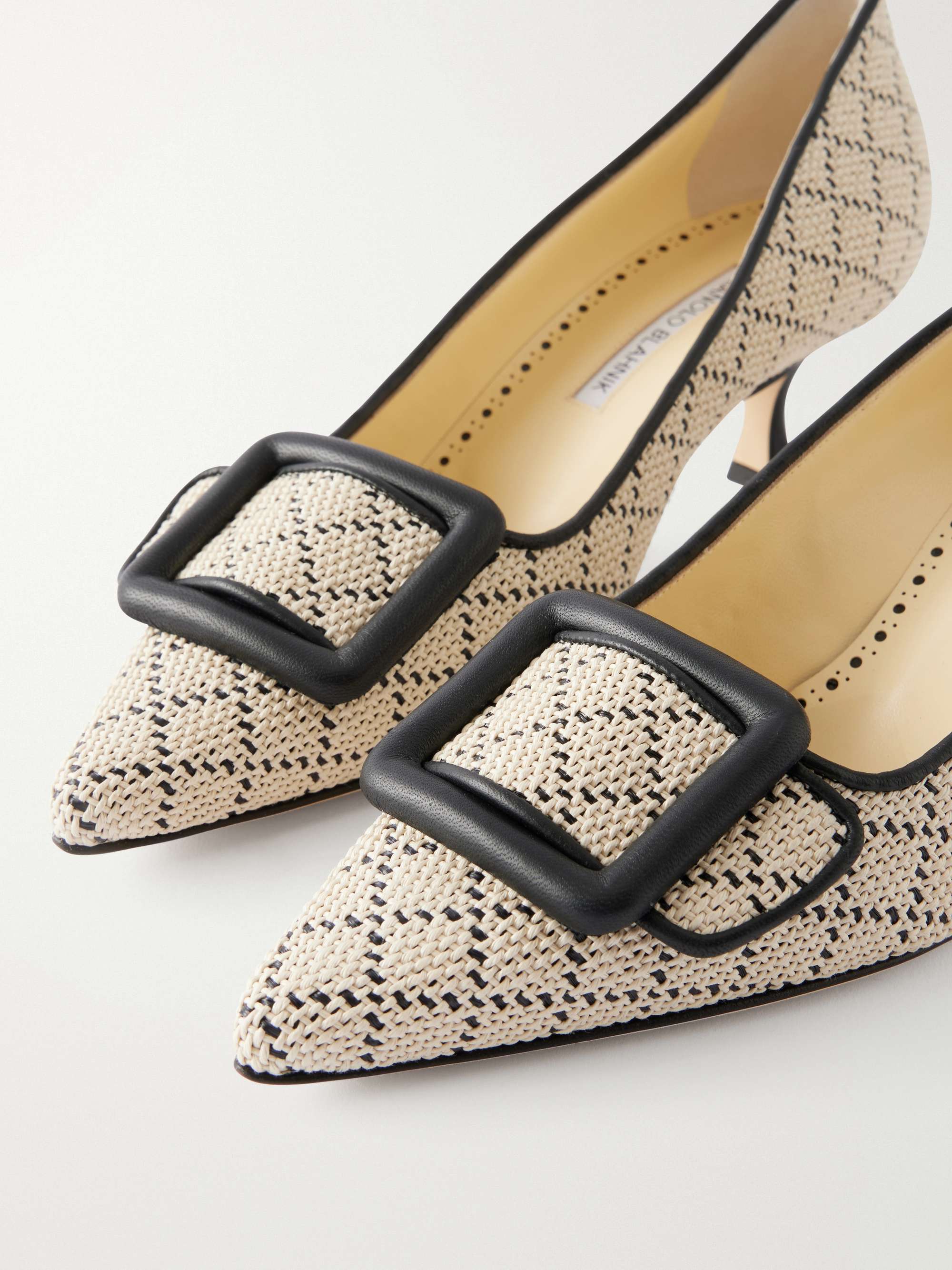 MANOLO BLAHNIK Maysale 50 buckled leather-trimmed raffia pumps