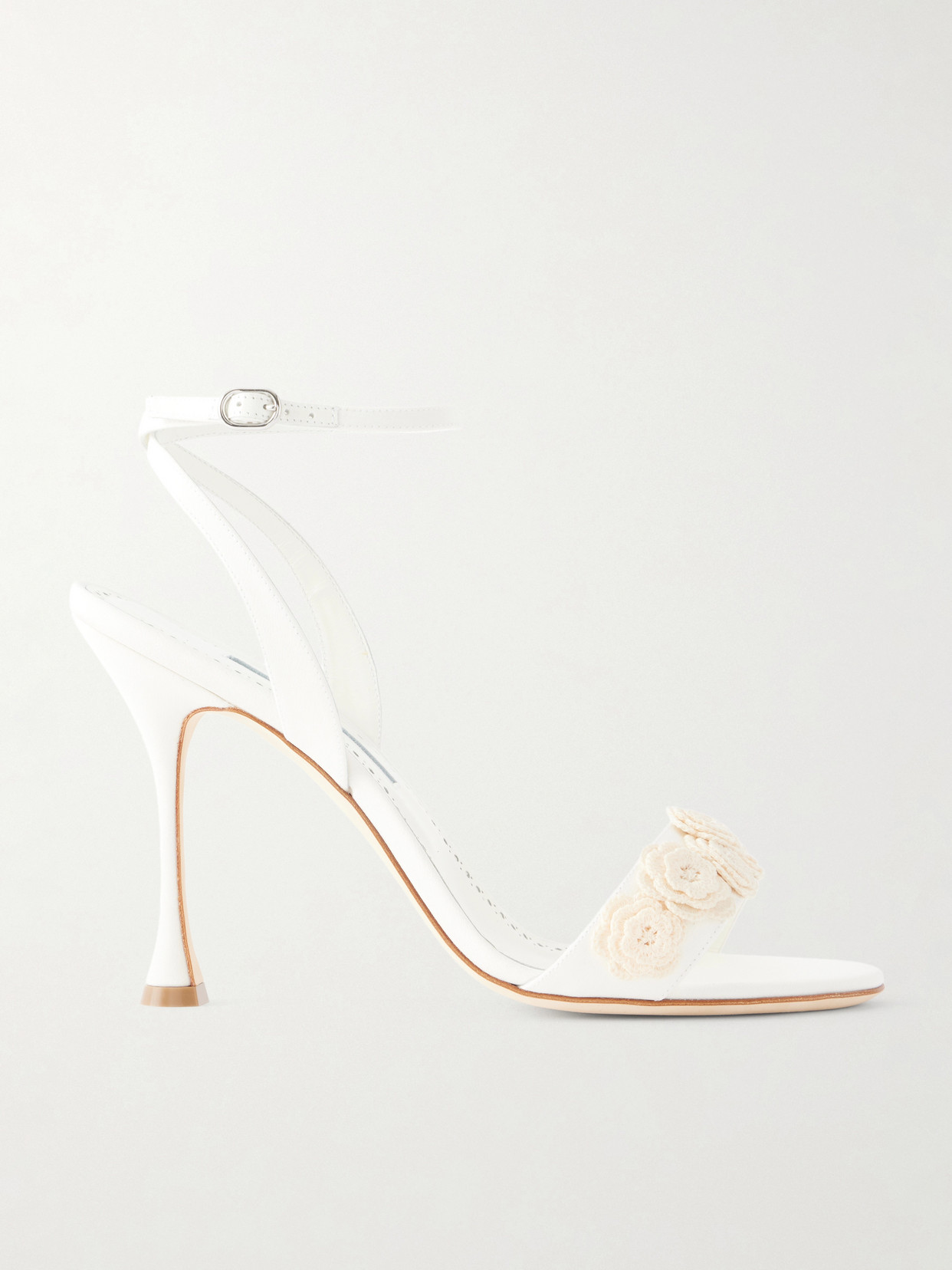 Manolo Blahnik Raosnu 105 Crochet-trimmed Leather Sandals In Transparent