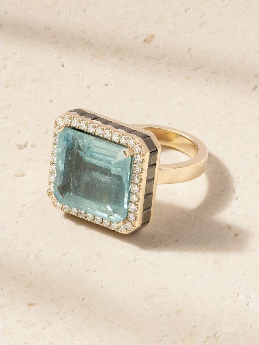 Ileana Makri Atlantis 18-karat White Gold, Aquamarine, Blackened And White Diamond Ring