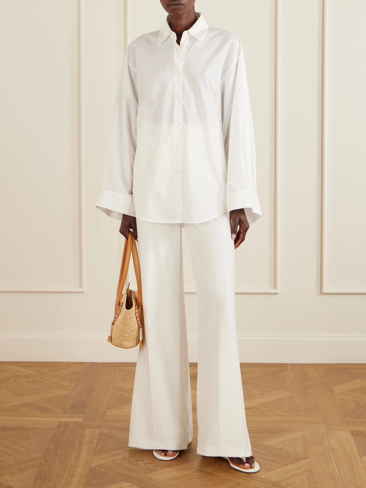 Venus Embellished Leather-Trimmed Raffia Tote