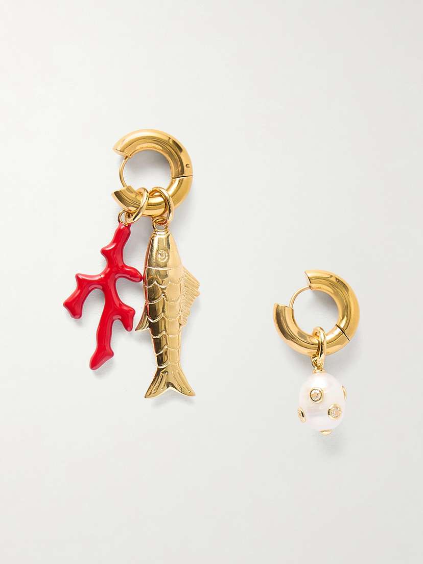 Martha Calvo Reef Plated-gold, Pearl And Enamel Earrings