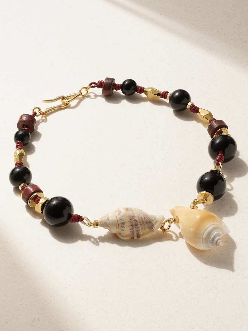 TOHUM Samsara Gold-plated, Leather, Shell, Onyx And Recycled-glass Necklace