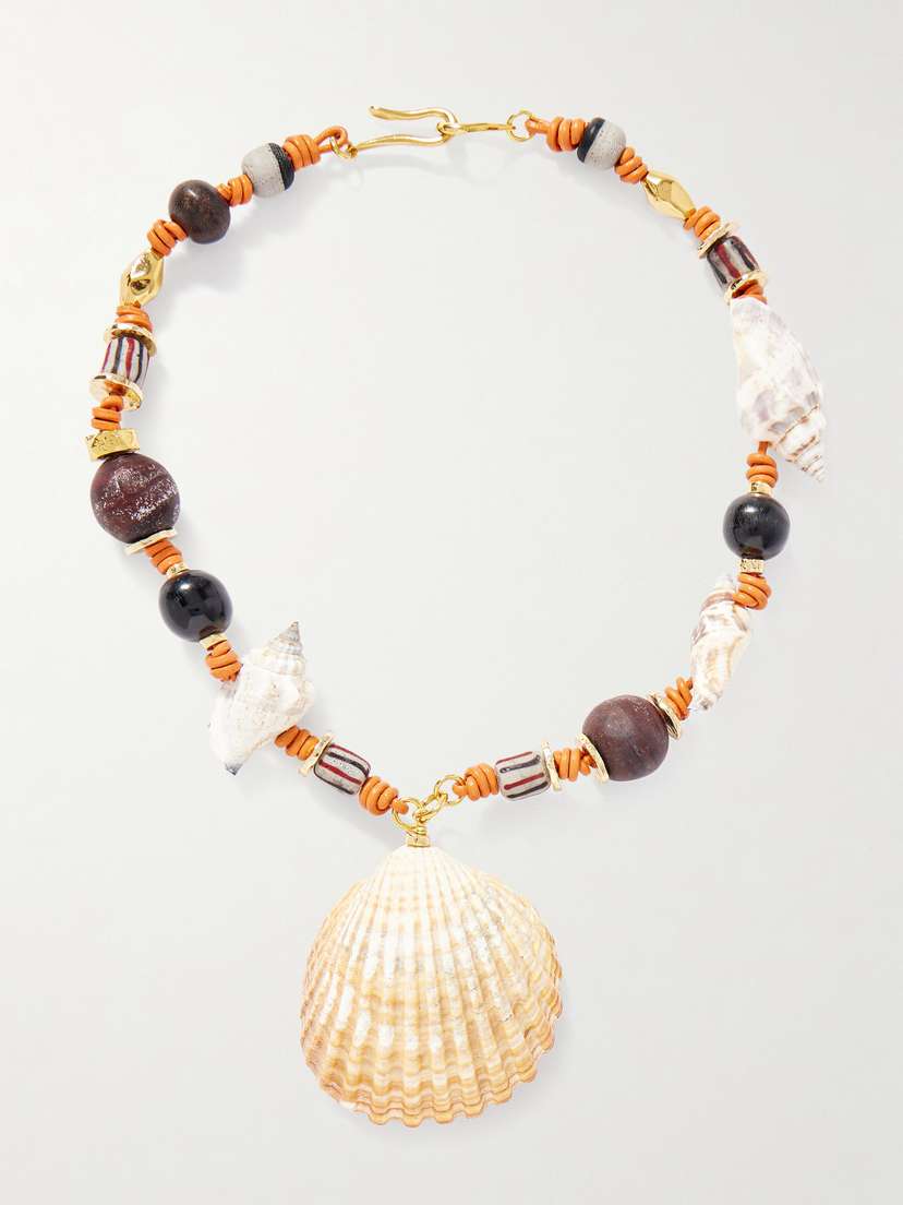 TOHUM Samsara Gold-plated, Leather, Shell, Onyx And Recycled-glass Necklace