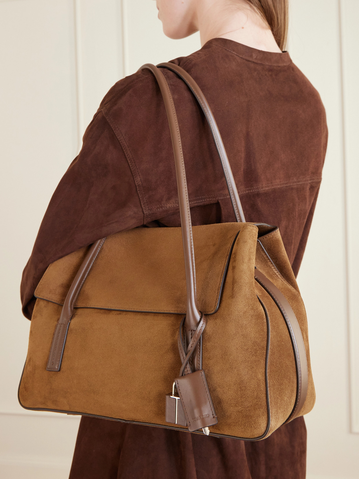 Tom Ford Medium Eclipse Suede Shoulder Bag In Brown