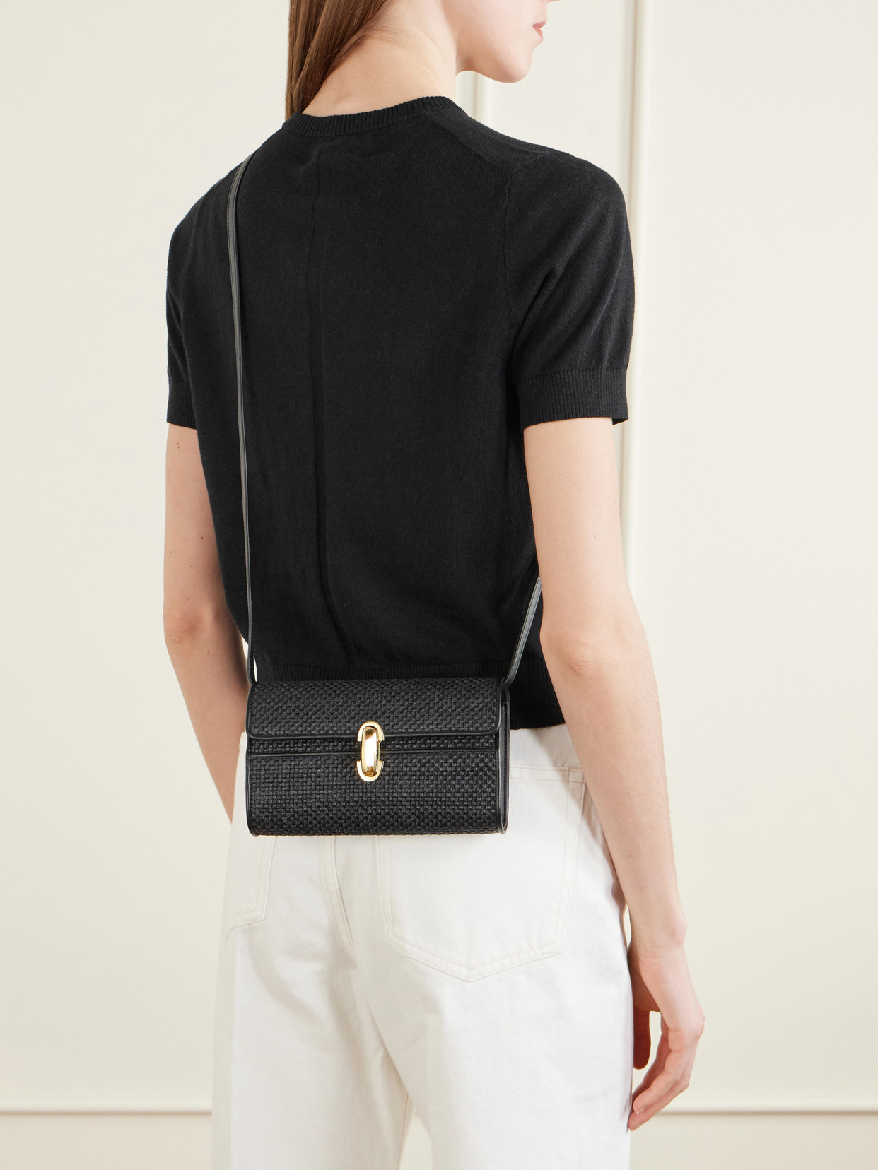 Symmetry Leather-Trimmed Woven Raffia Shoulder Bag