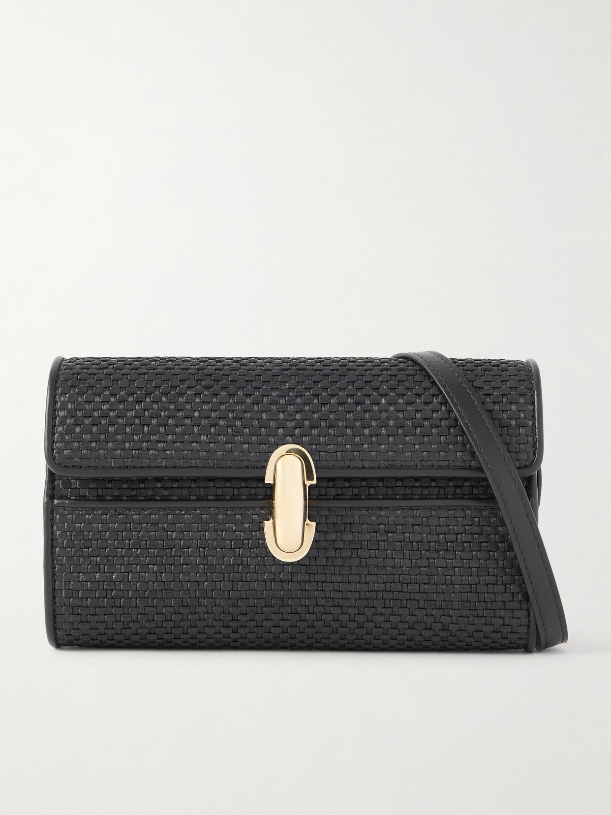 Savette Symmetry Leather-trimmed Woven Raffia Shoulder Bag In Black