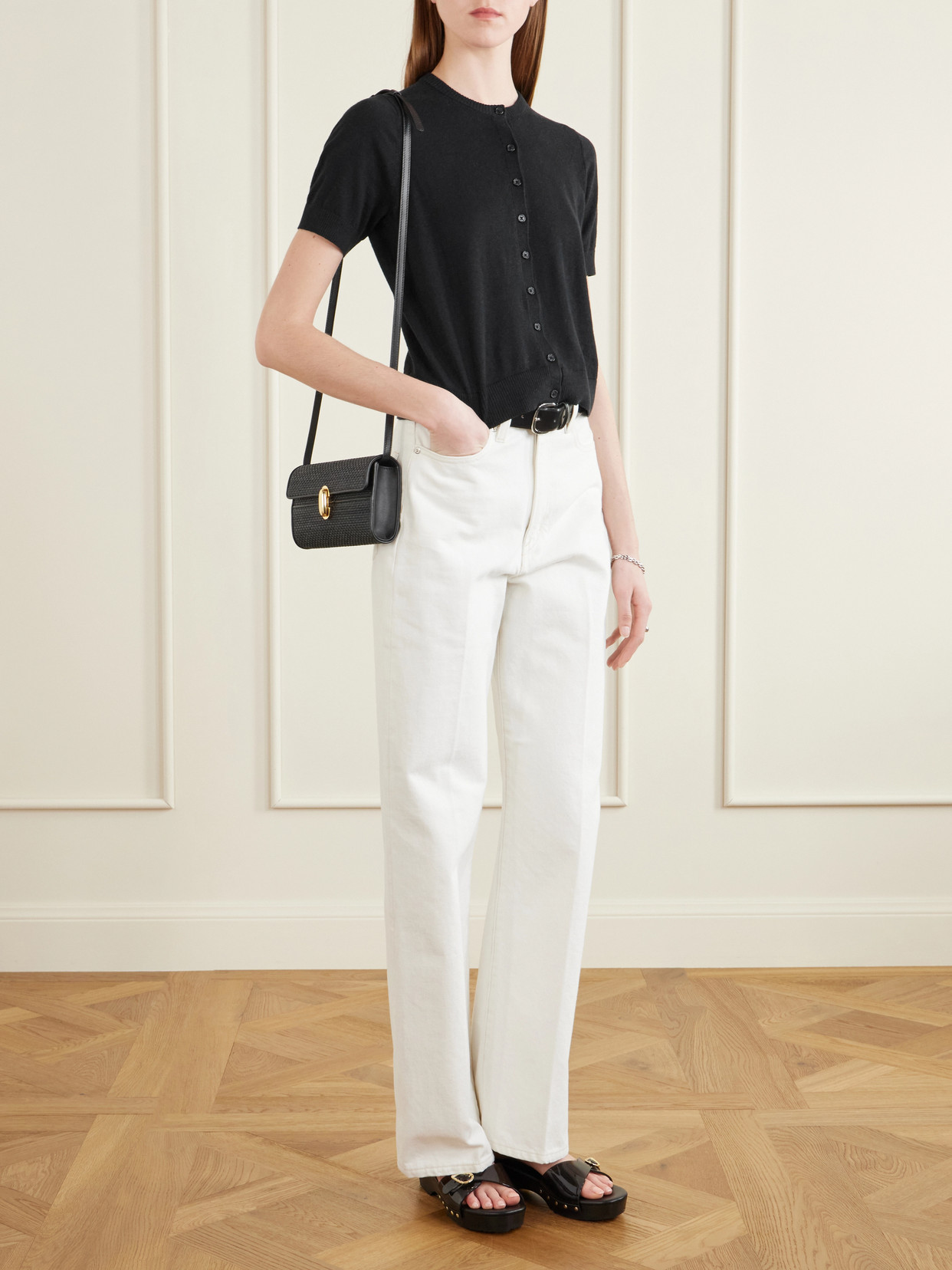 Symmetry Leather-Trimmed Woven Raffia Shoulder Bag